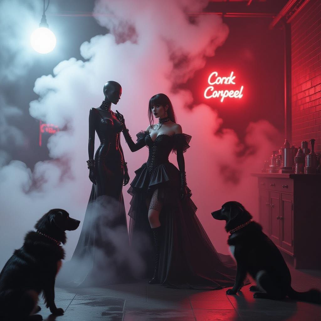 Goth Model Poses with Red Neon Iron Sculpture