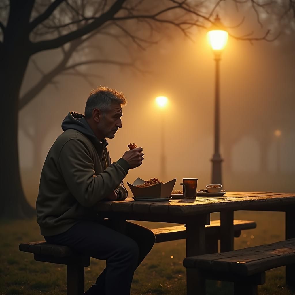 Dawn Serenity: Man Eating in Park, Matte Painting Style