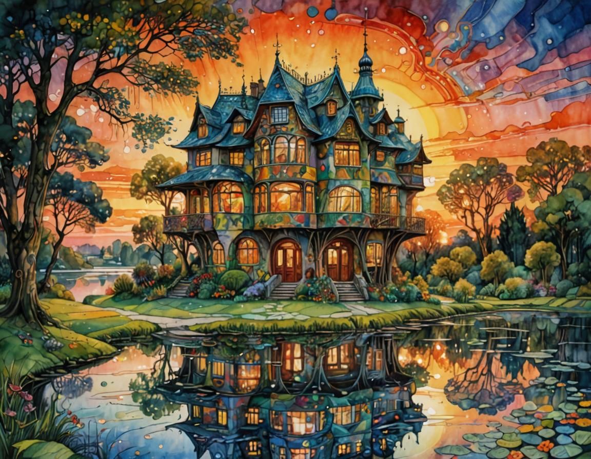 Surreal House in Park with Sunset, Watercolor Style