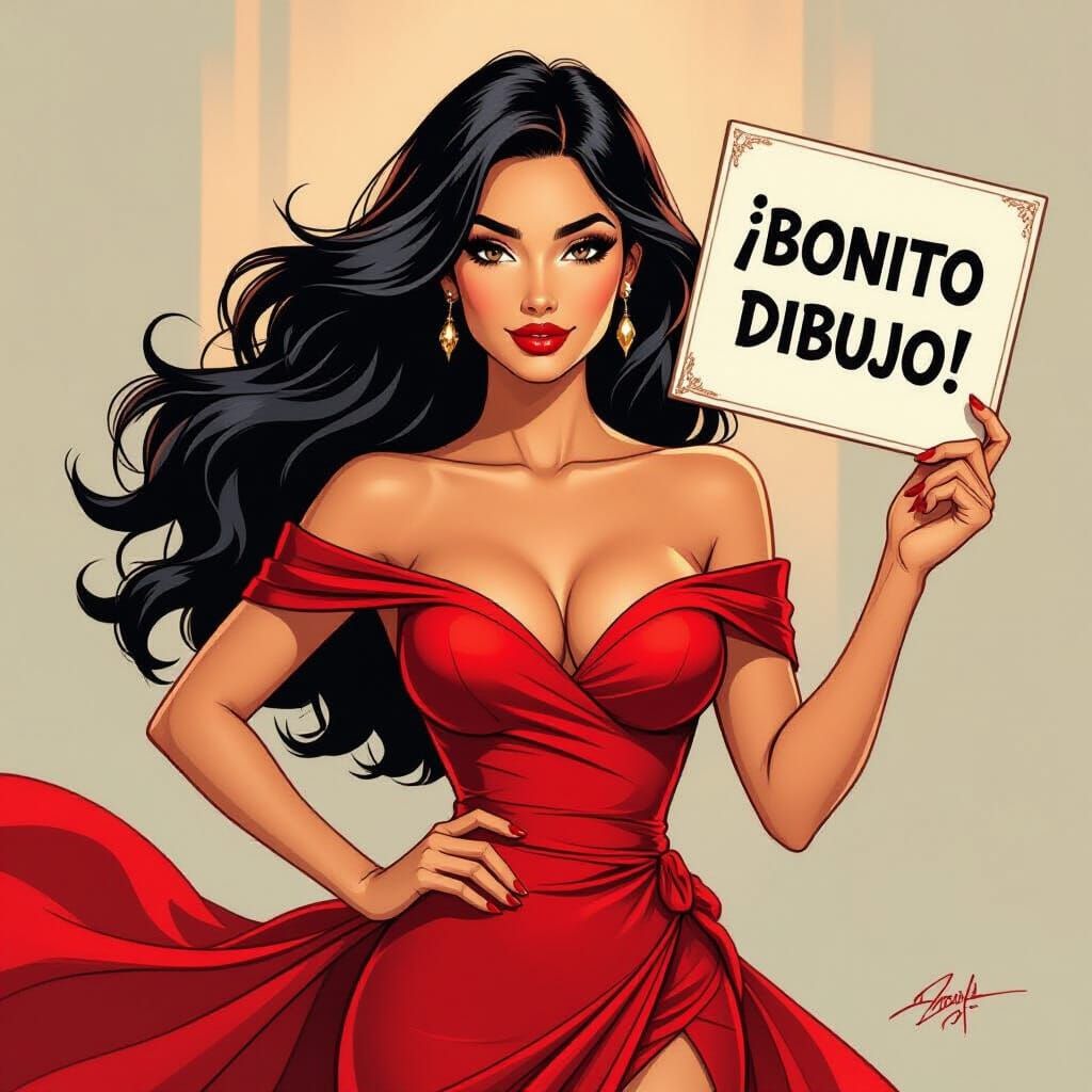 Vibrant Spanish Woman Holding Sign in Dynamic Illustration S...