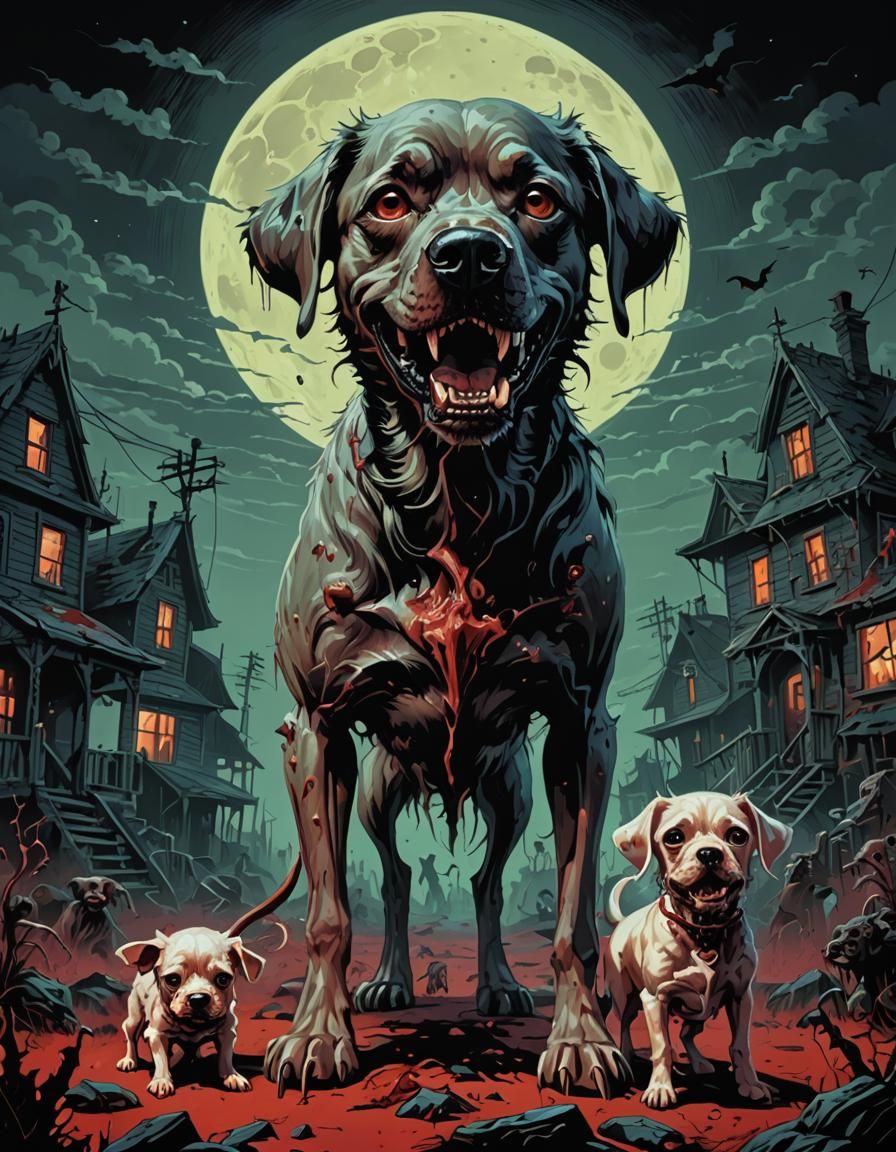 Creepy Zombie Dog and Puppy in Surreal Horror