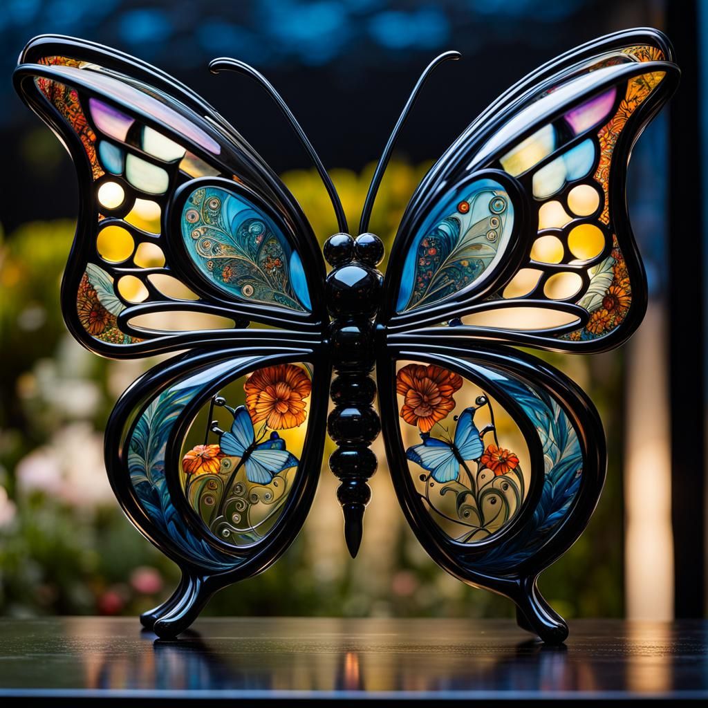 Glass Butterfly with City, Art Nouveau Style