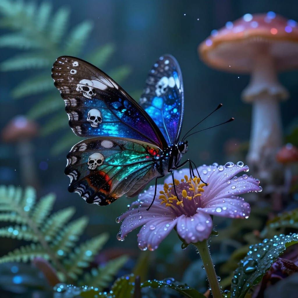 Goth Butterfly with Skull Wings on Flower in Cosmic Style