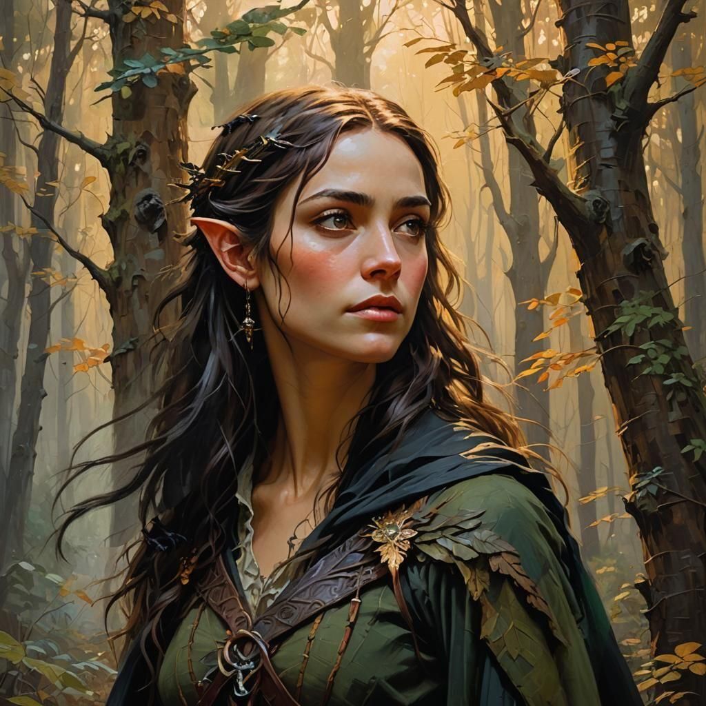 Half-Elven Woman with Raven, Oil Painting