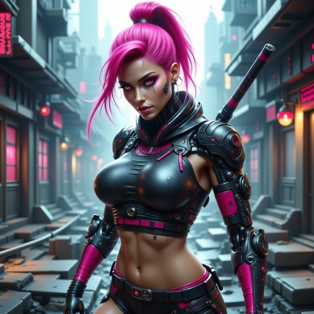 Cyborg Woman Ready for Battle in Cyberpunk Style