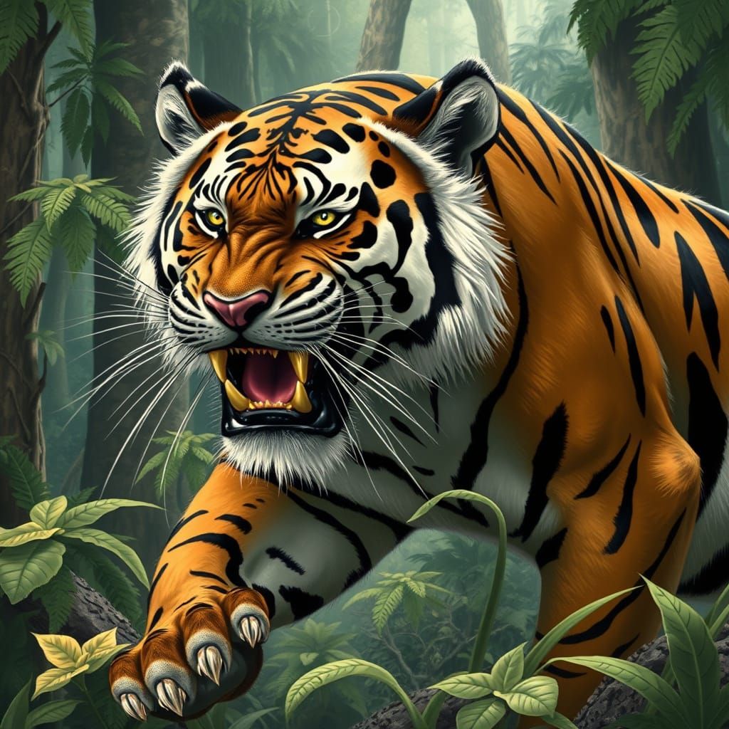 Sabertooth Tiger with Panda Pattern in Prehistoric Forest