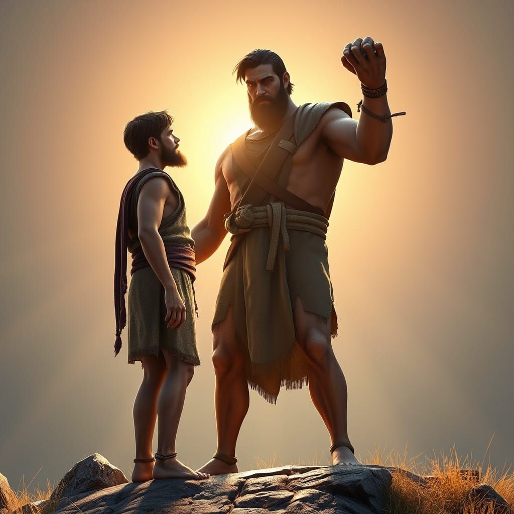 David and Goliath in Impressionistic 3D Art Style