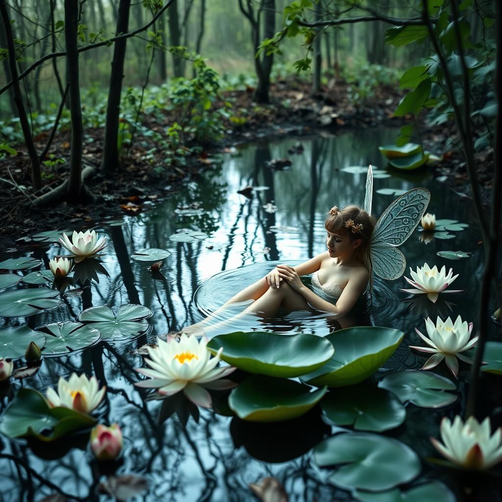 Photorealistic Fairy Bathing in Woodland Pond