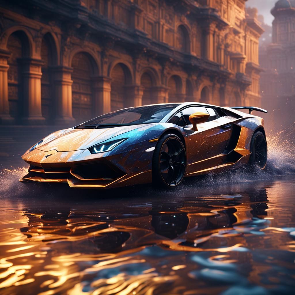 Lamborghini Races in Glass of Water: Matte Painting