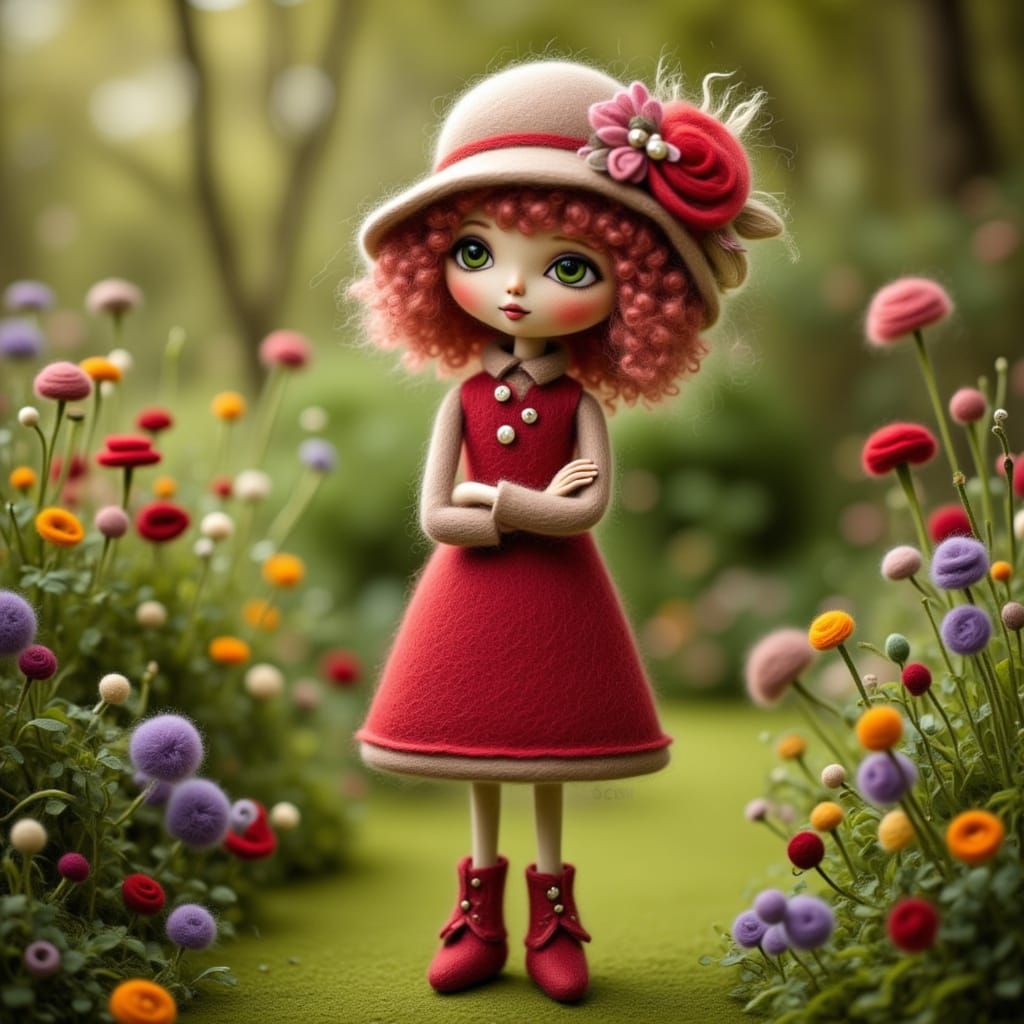 Felt Doll Girl in Sunlit Garden