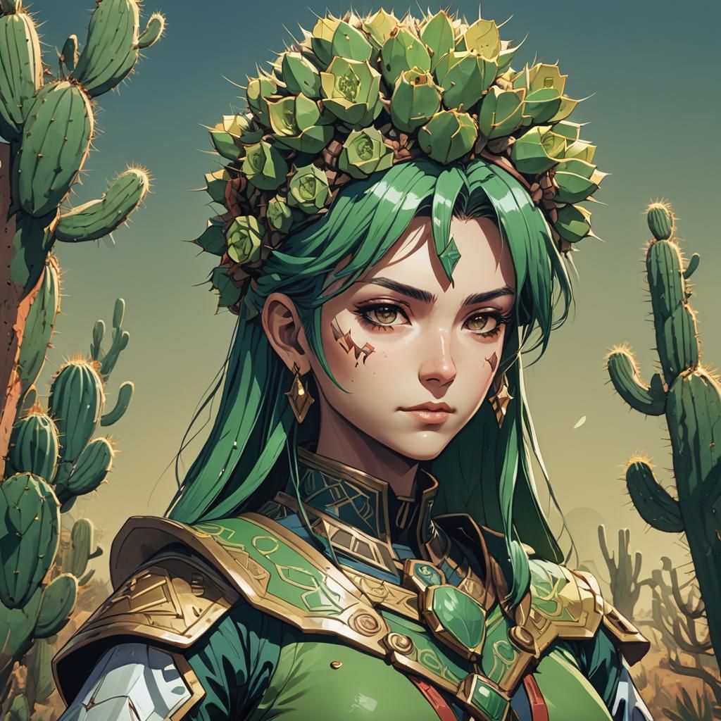 Cactus Woman Hybrid Cleric in Anime Style