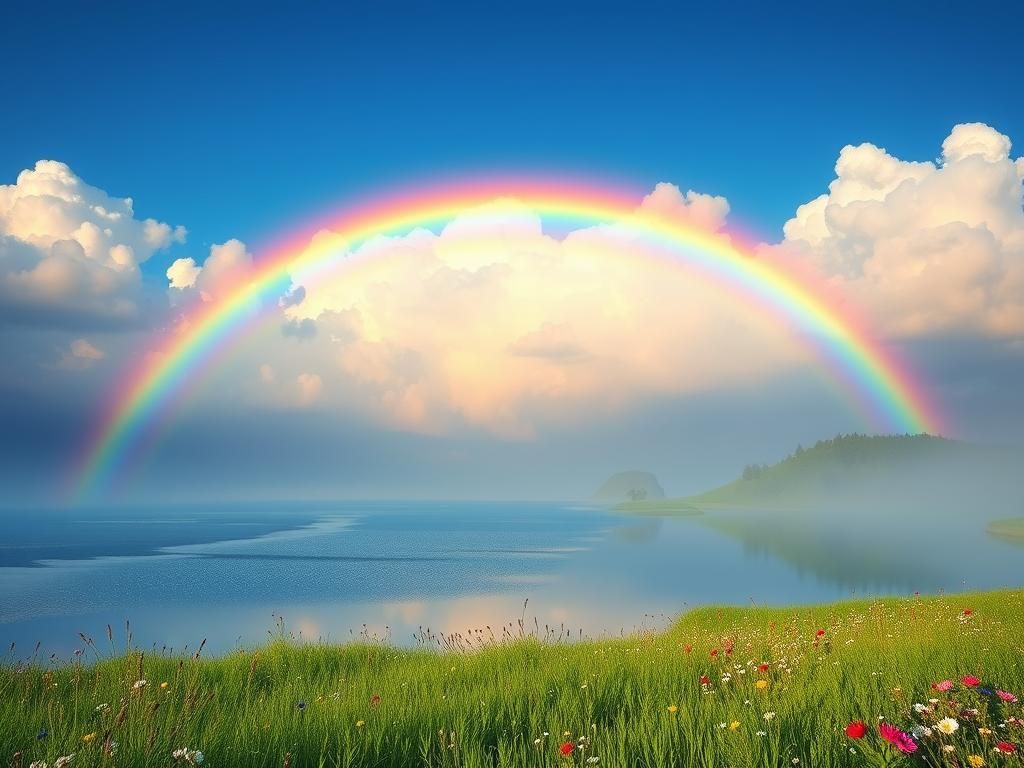 Double Rainbow Over Meadow in Dreamy Art Style