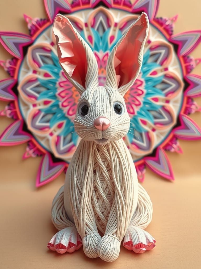 String Art Rabbit Under Mandala, Zentangle Style