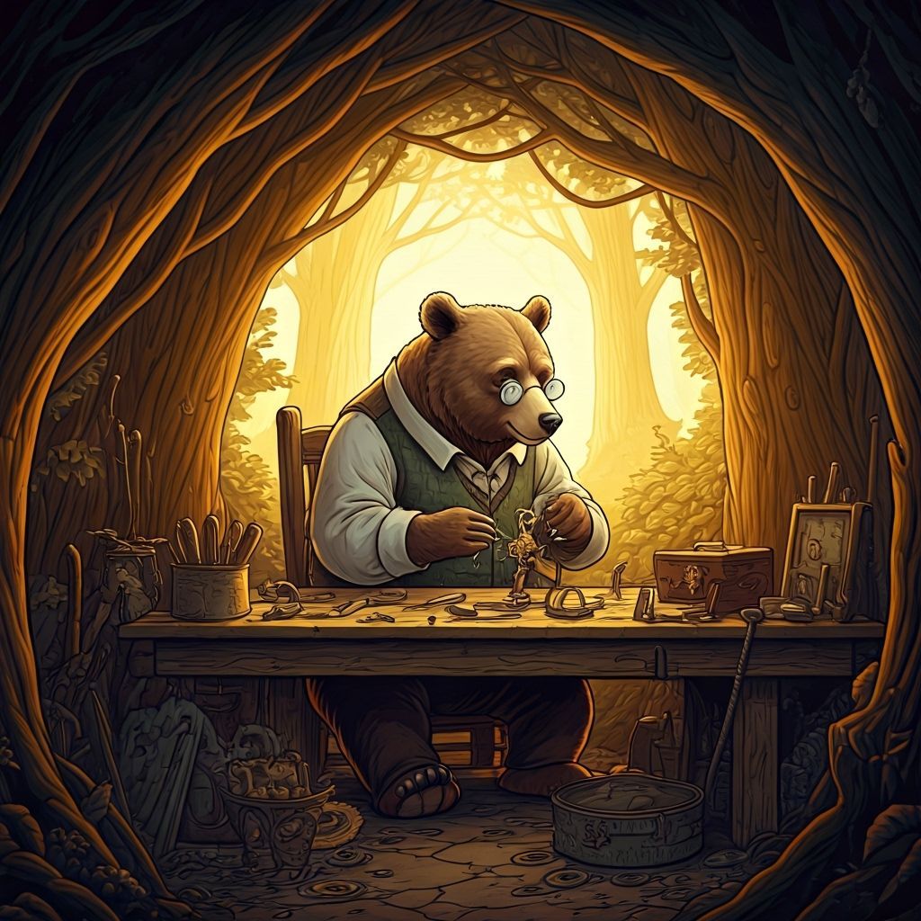 Bear Crafts Clockwork Bird in Forest Clearing