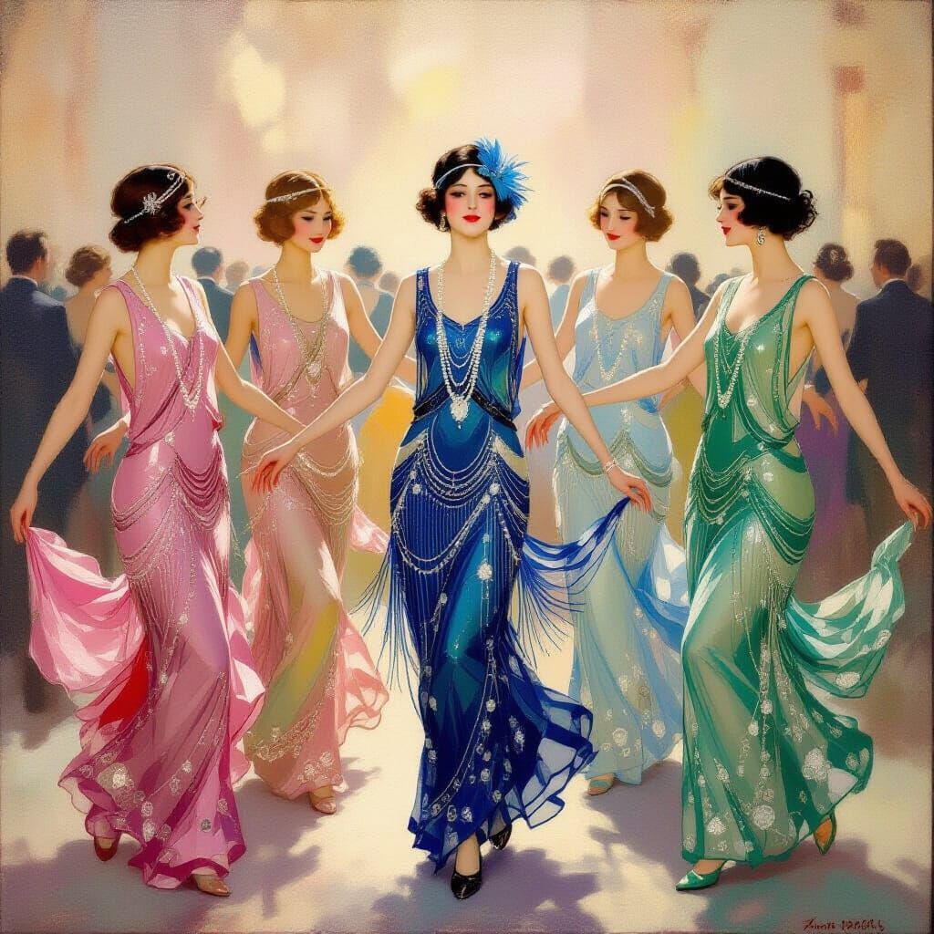 Flapper Girls Dancing in 1920s Oil Painting Style