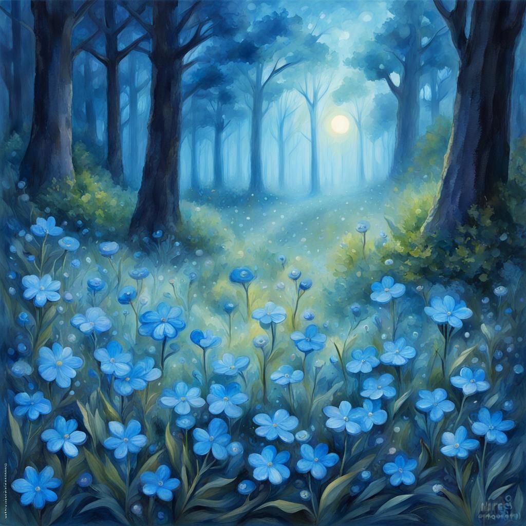 Glowing Blue Flowers in Gouache Impressionist Style
