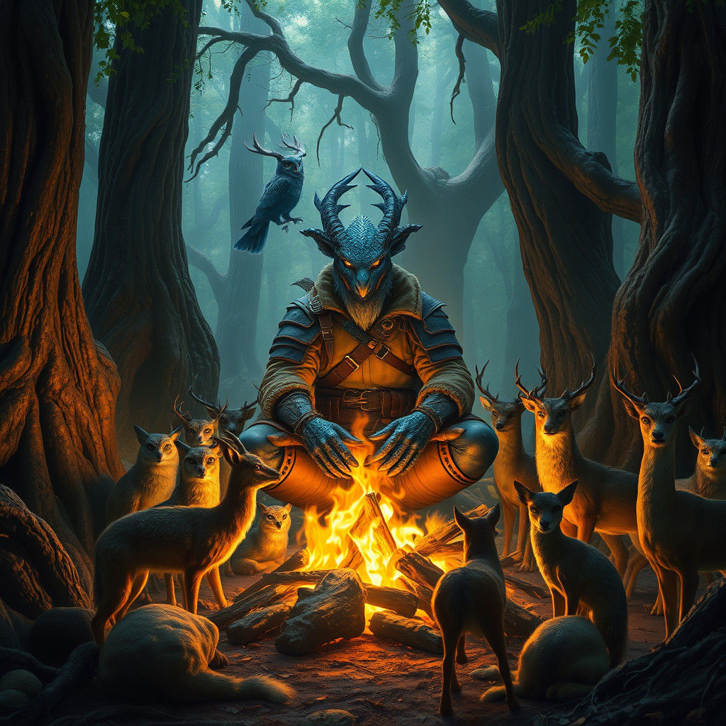 Dragonborn Ranger and Forest Creatures by Firelight