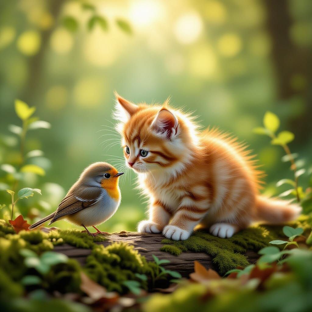 Kitten and Robin Interaction in Sunlit Forest