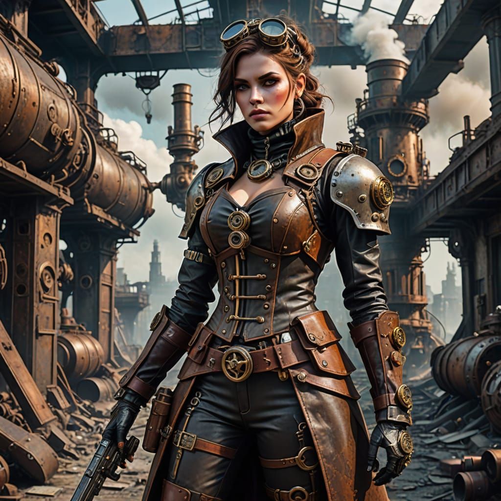 Steampunk Explorer in Ruined World: 3D Render