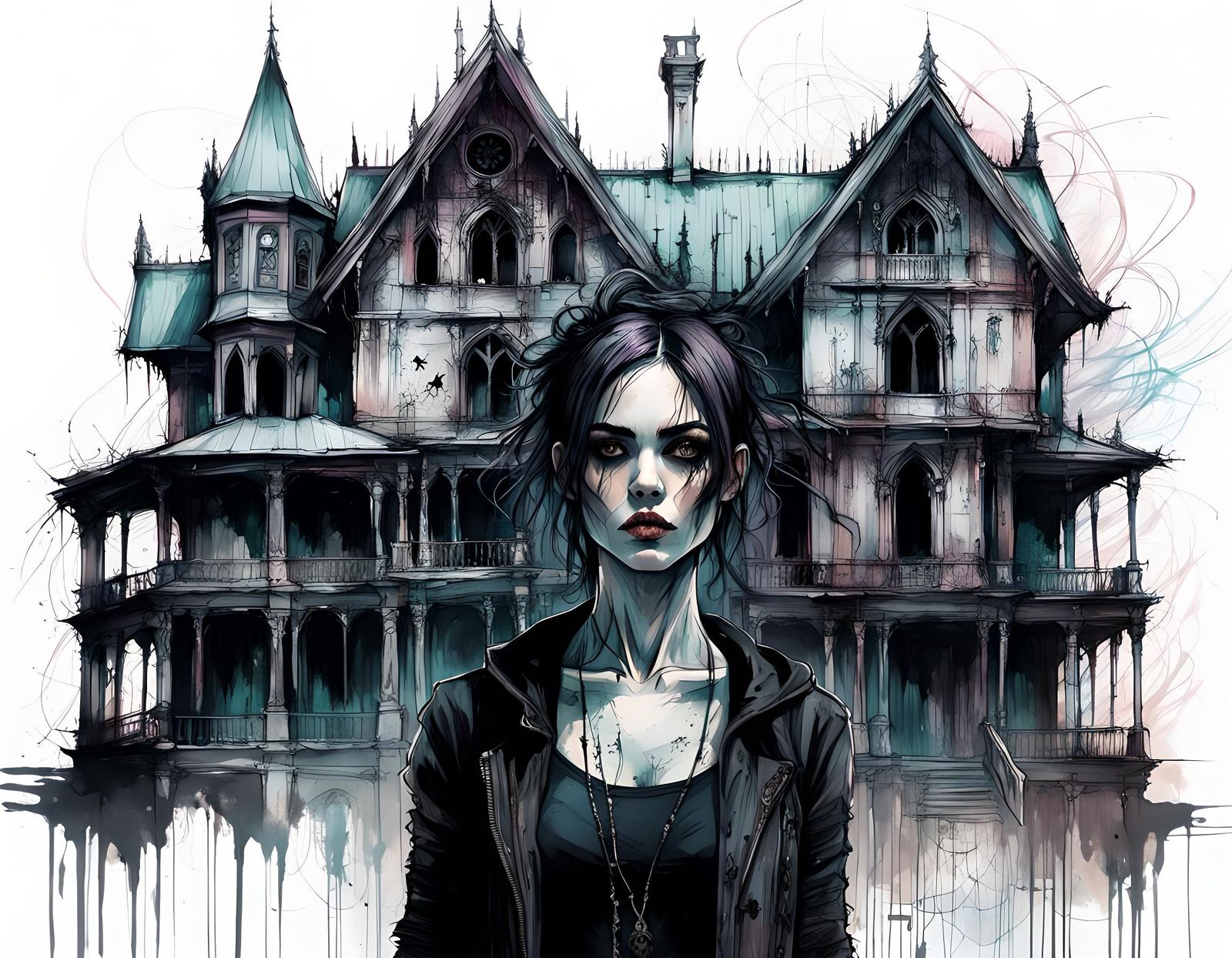 Gothic Girl in Front of Haunted House
