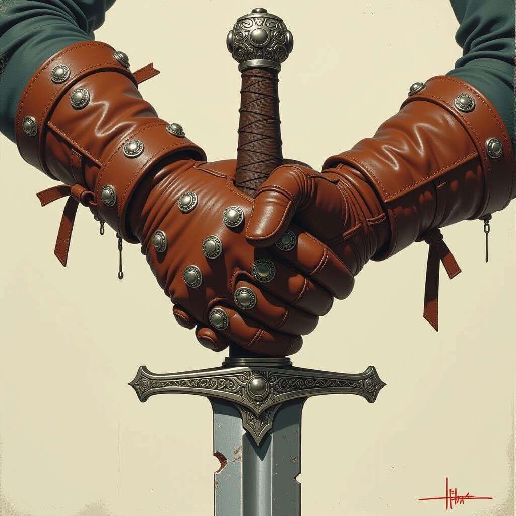 Leather-Gloved Hand Gripping Sword in Dystopian Realism