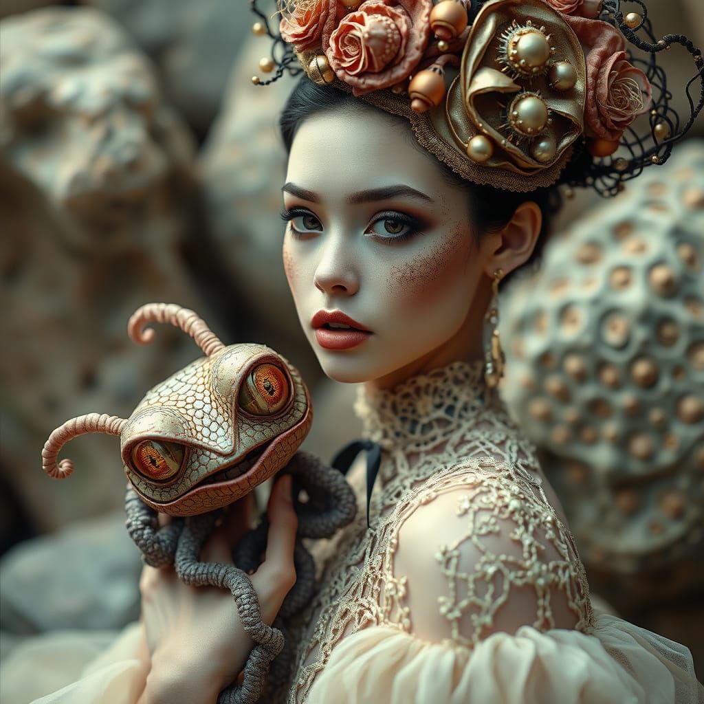 Ethereal Retro Vogue Model Surrounded by Alien Babies in a W...