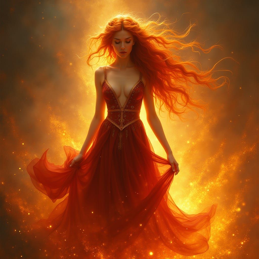 Fiery Goddess Amidst Vortex of Flames