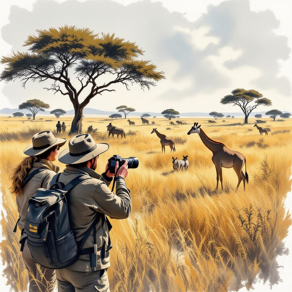 Safari Tourists Capture Wildlife in Charcoal Drawing