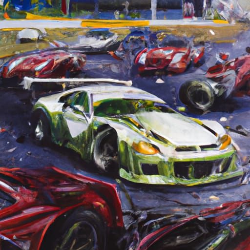 Sports Car Crash on Racetrack as Oil Painting