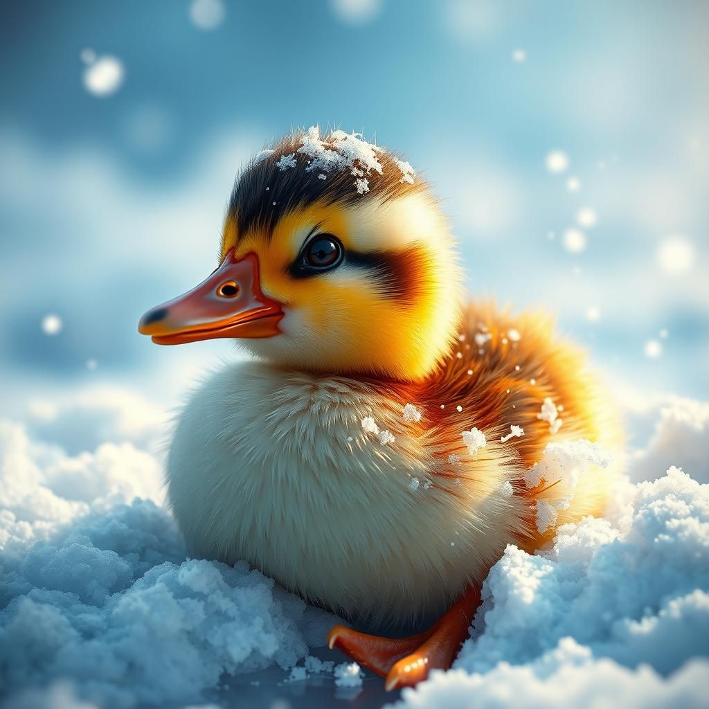 Adorable Baby Duckling Covered in Snow: Hyperrealistic Splas...