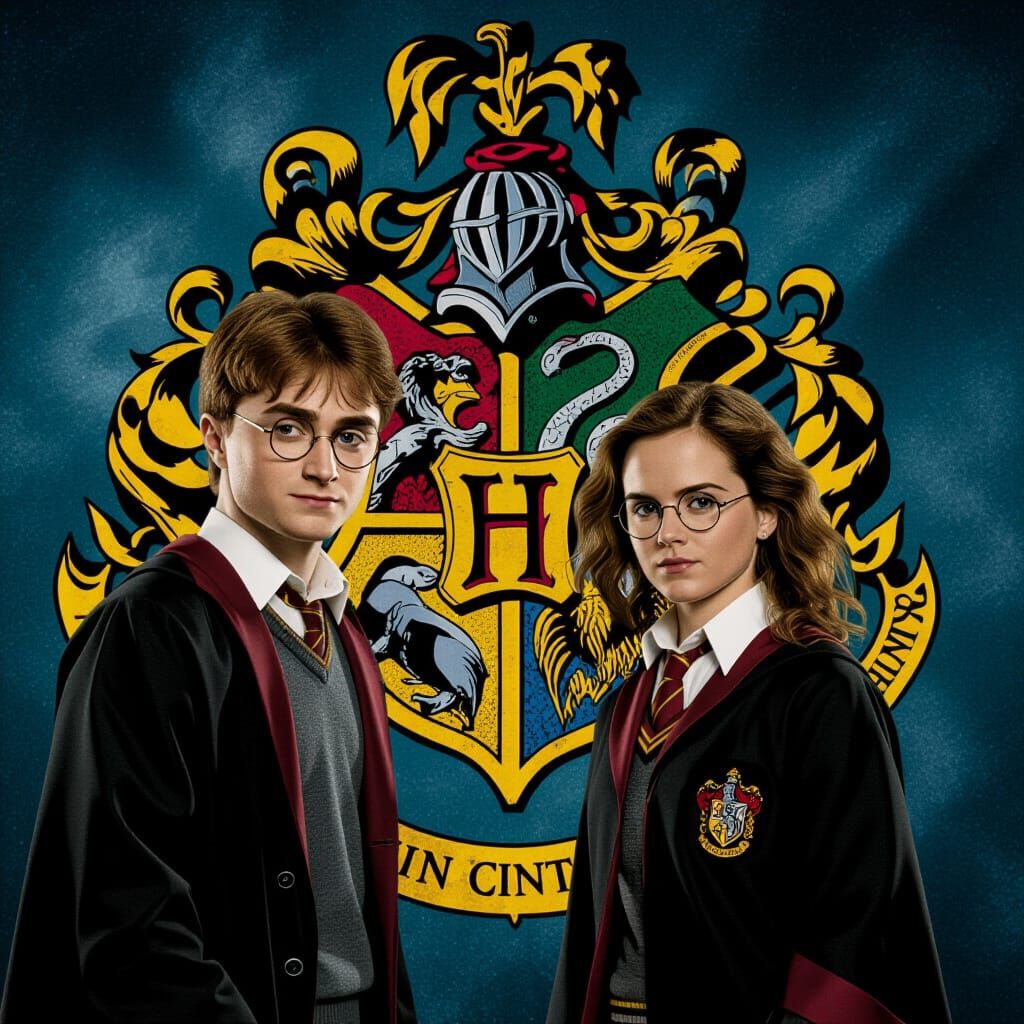 Harry Potter Trio with Hogwarts Crest Backdrop