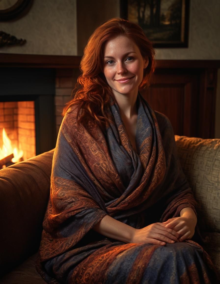 Chiaroscuro Oil Painting: Auburn Woman by Fireplace