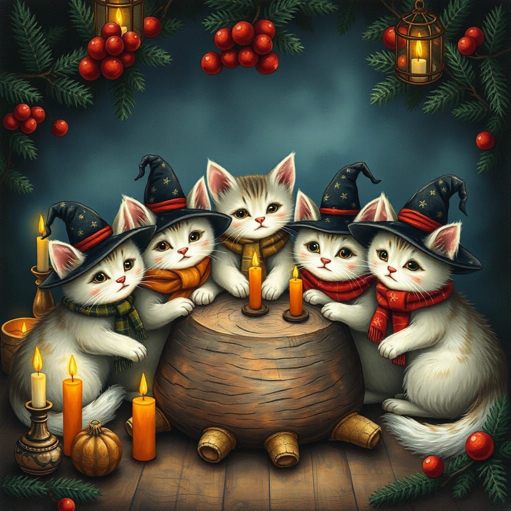 Whimsical Feline Friends Gather Around Festive Yule Log