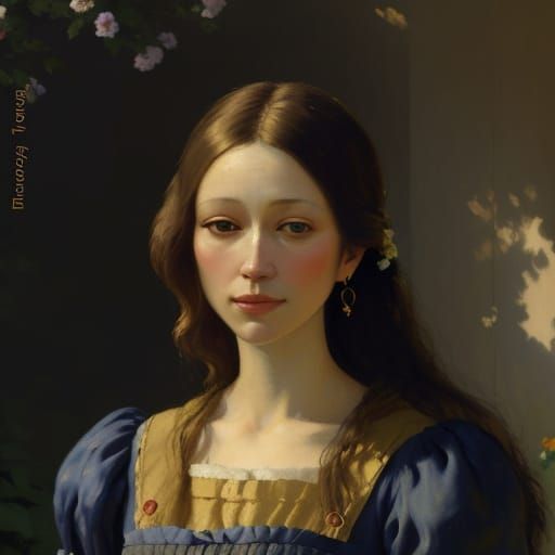 Woman in Garden: Impressionist Oil Painting in Vermeer Style