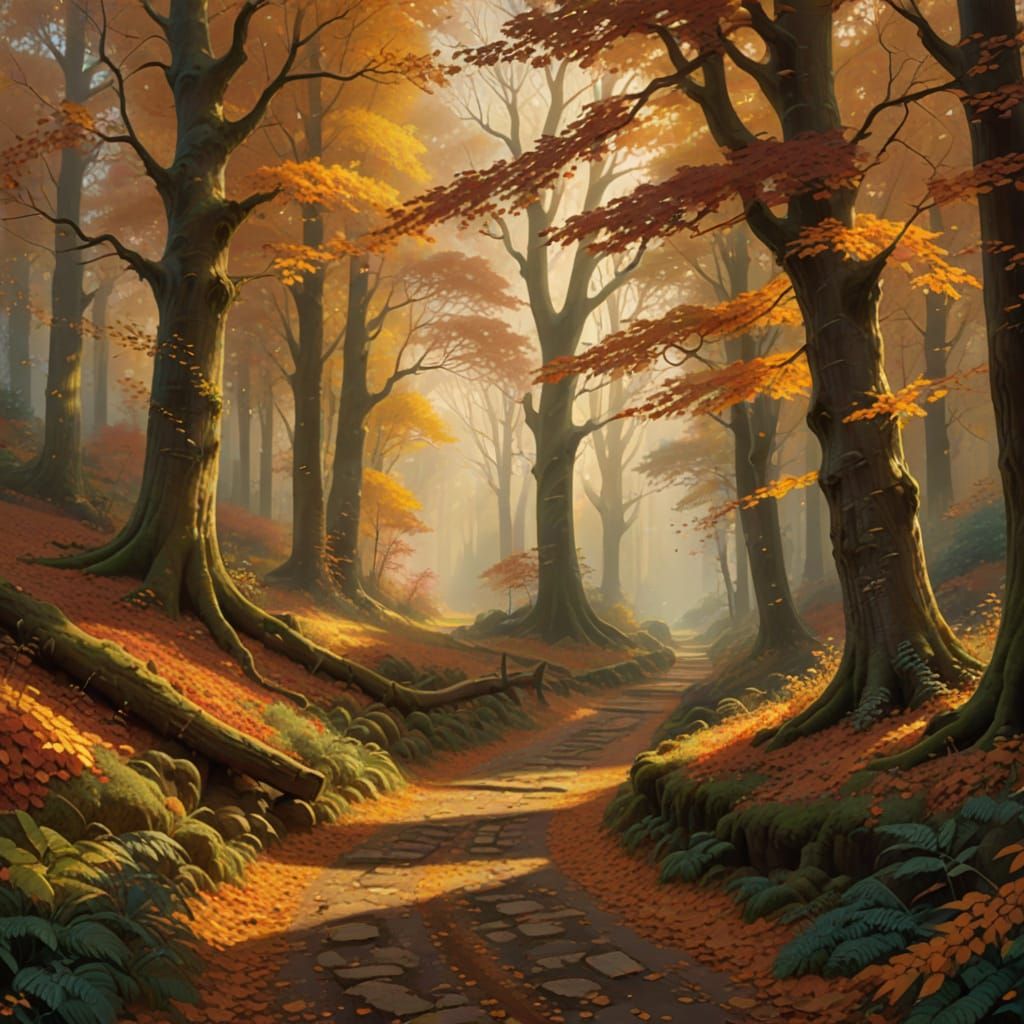Enchanting Autumn Forest Path in Ethereal Digital Art Style