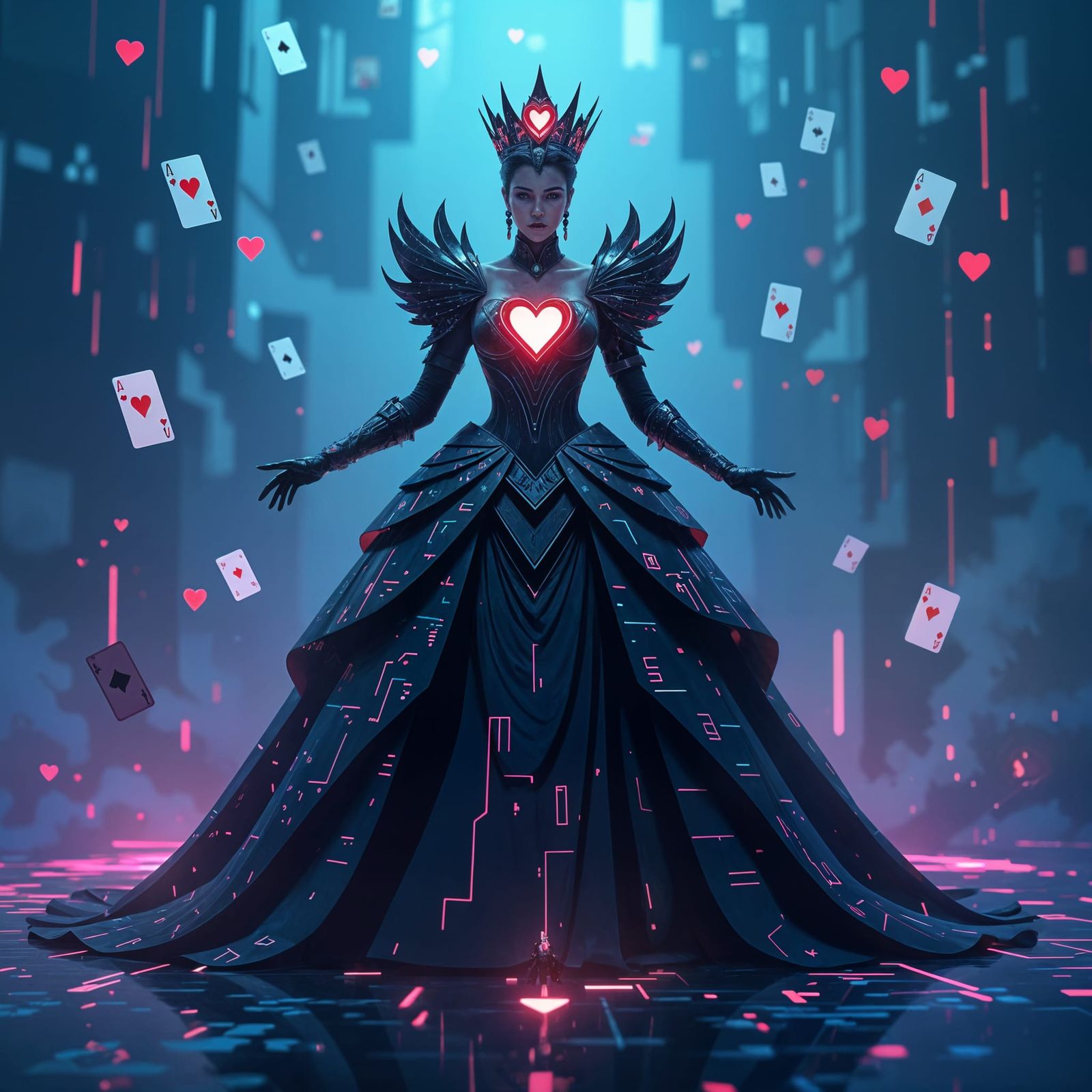 Cyberpunk Queen of Hearts Techno-Sorceress in Digital Storm