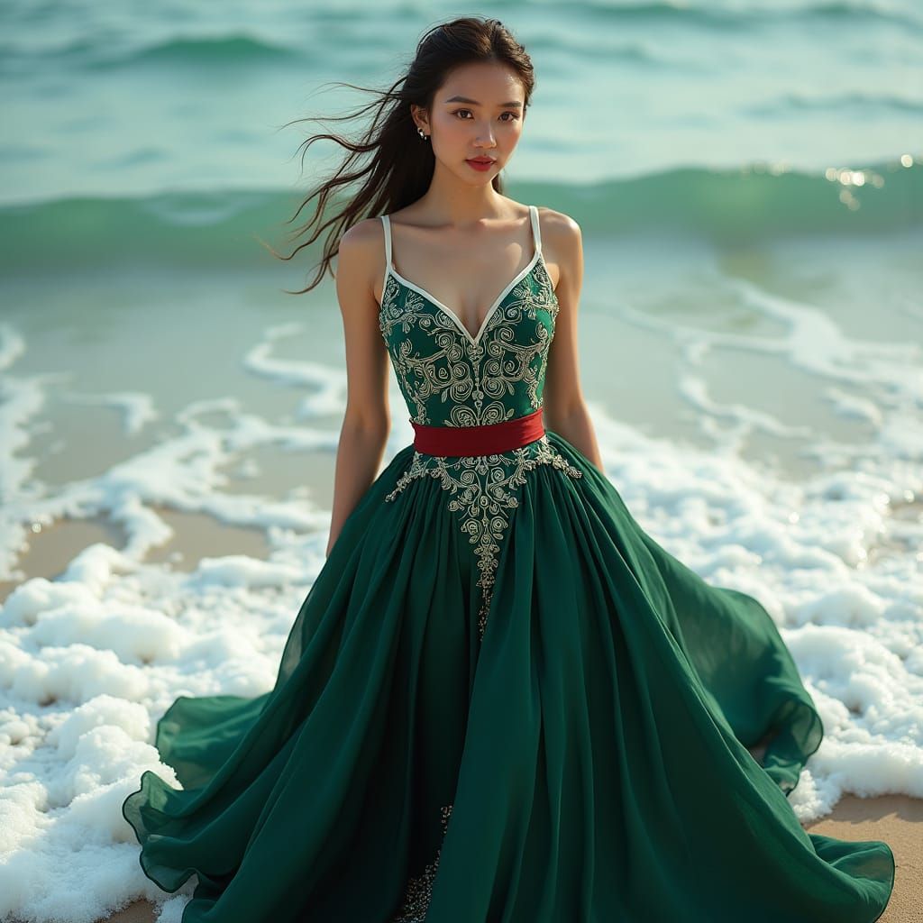 Woman in Green Silk Gown on Shoreline