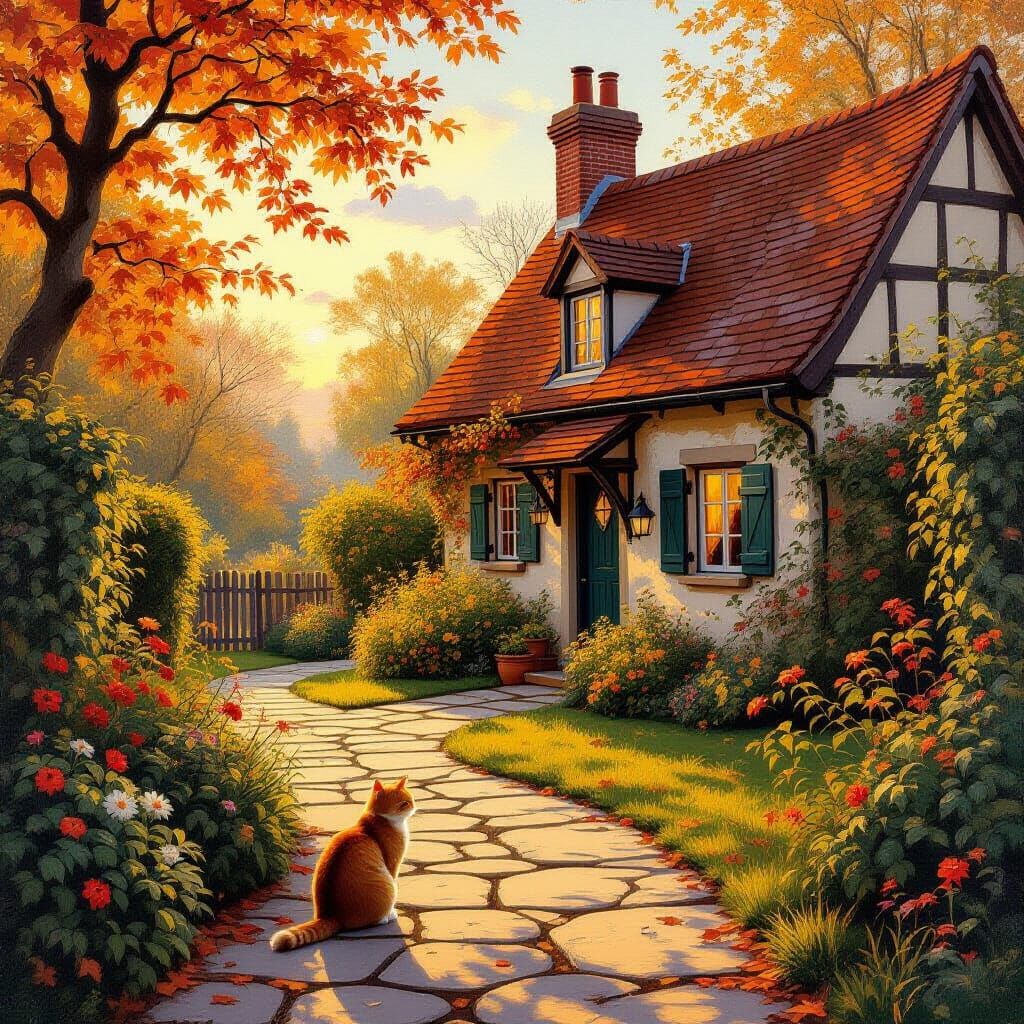 Charming Vintage Cottage at Sunset in English Garden