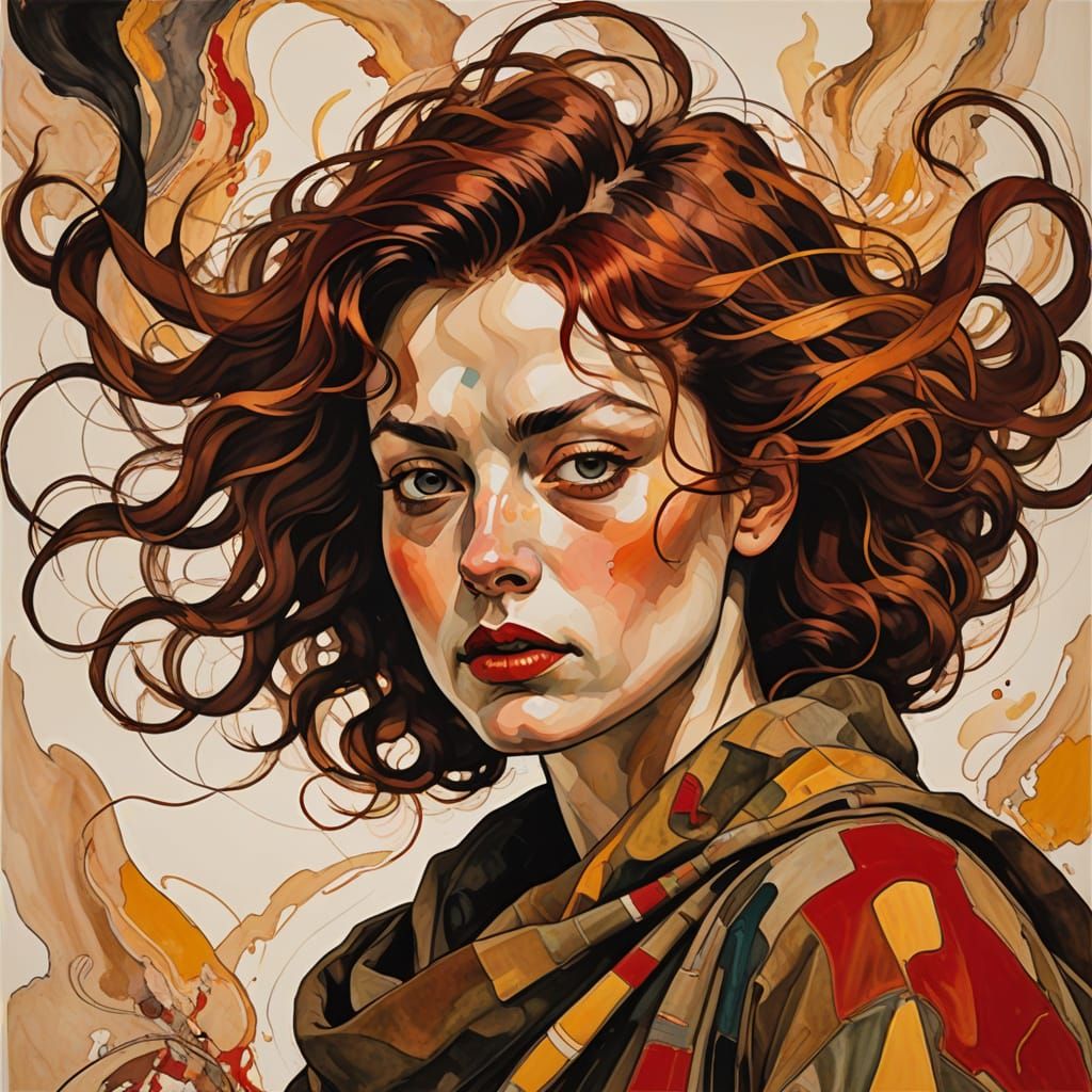 Vibrant Red Haired Woman in Ink Drawing with Dynamic Movemen...