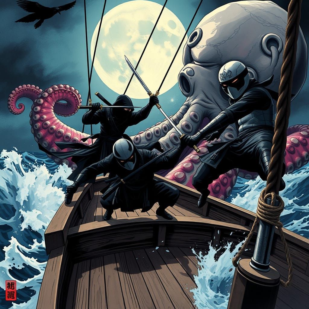 Dark Ninja Warriors Battle a Giant Octopus on a Stormy Sea