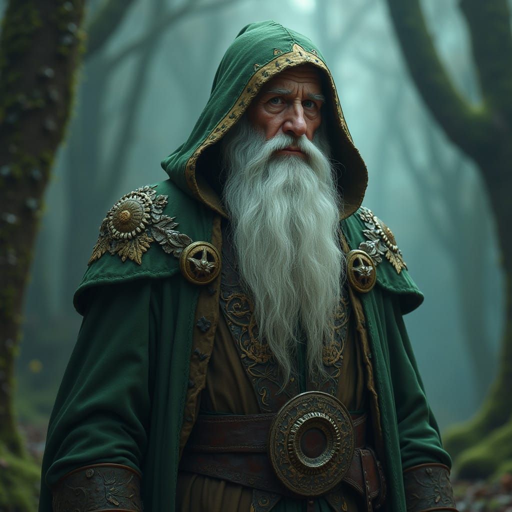 Mystical Old Druid in Green Hood, Fantasy Concept Art