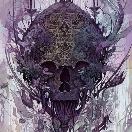Intricate Purple Skull Digital Painting with Black Outlines
