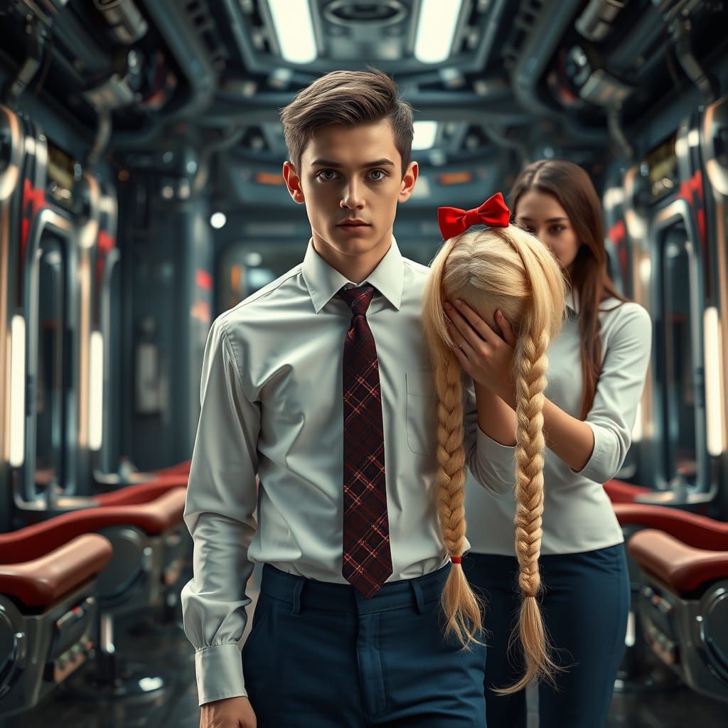 Young Man in Horror, Surrounded by Futuristic Hair Salon Det...