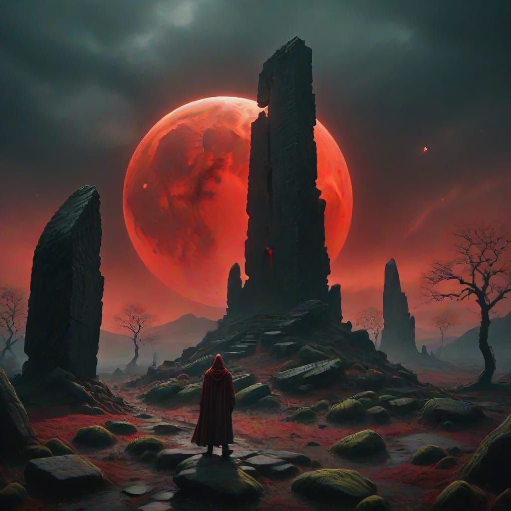 Ancient Monolith Under Crimson Eclipse