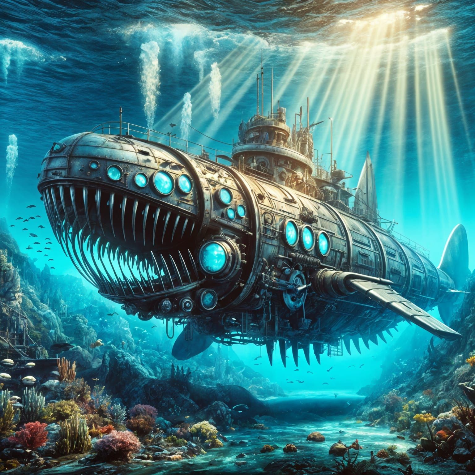 Steampunk Shark Submarine in Magic Realism Style