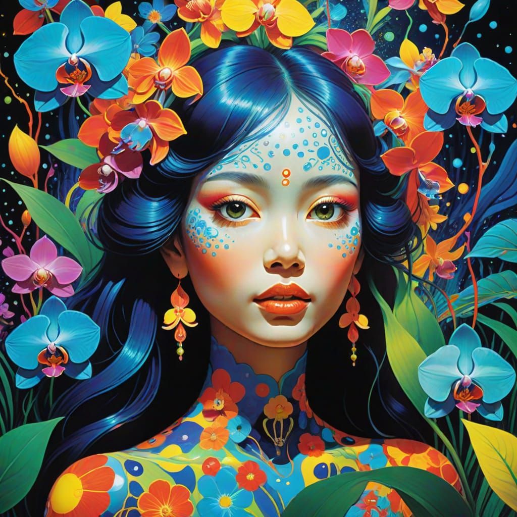 Psychedelic Orchid Goddess in Vibrant Cosmic Jungle