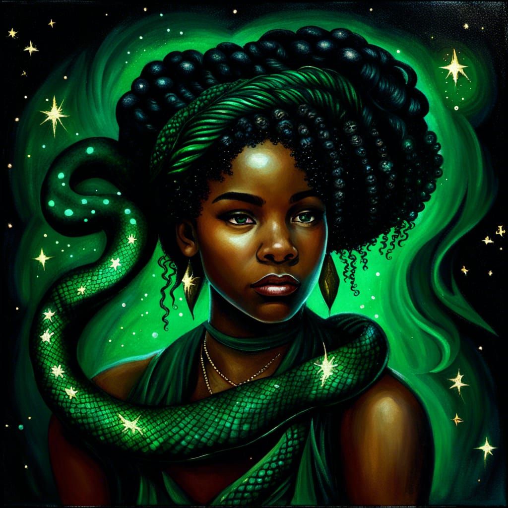 Emerald Green Girl with Snake in Vintage Oil Painting