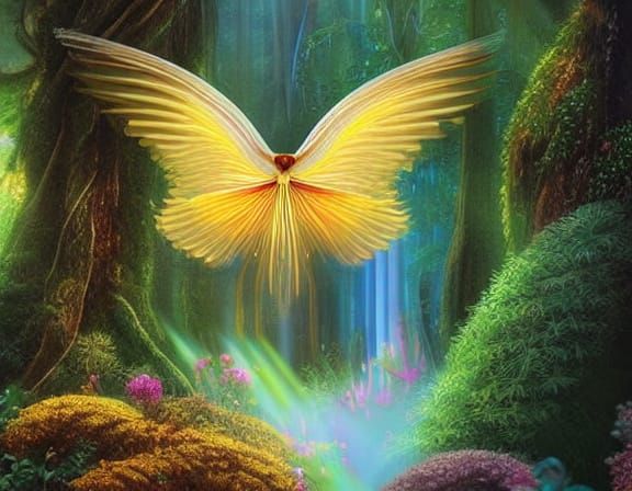 Pixie Dancing in Sun-Dappled Forest with Iridescent Wings