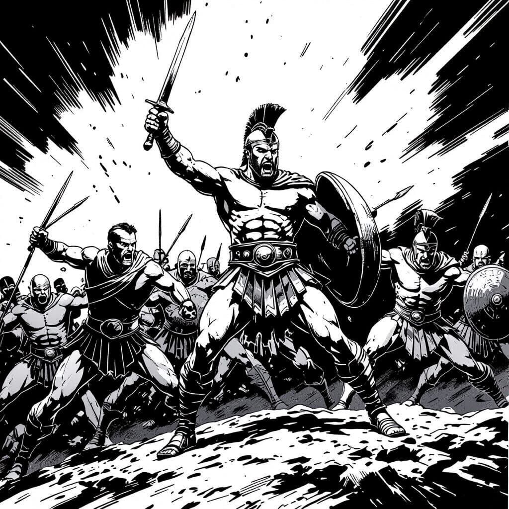 Spartacus Leading Revolt in Bold Graphic Novel Style