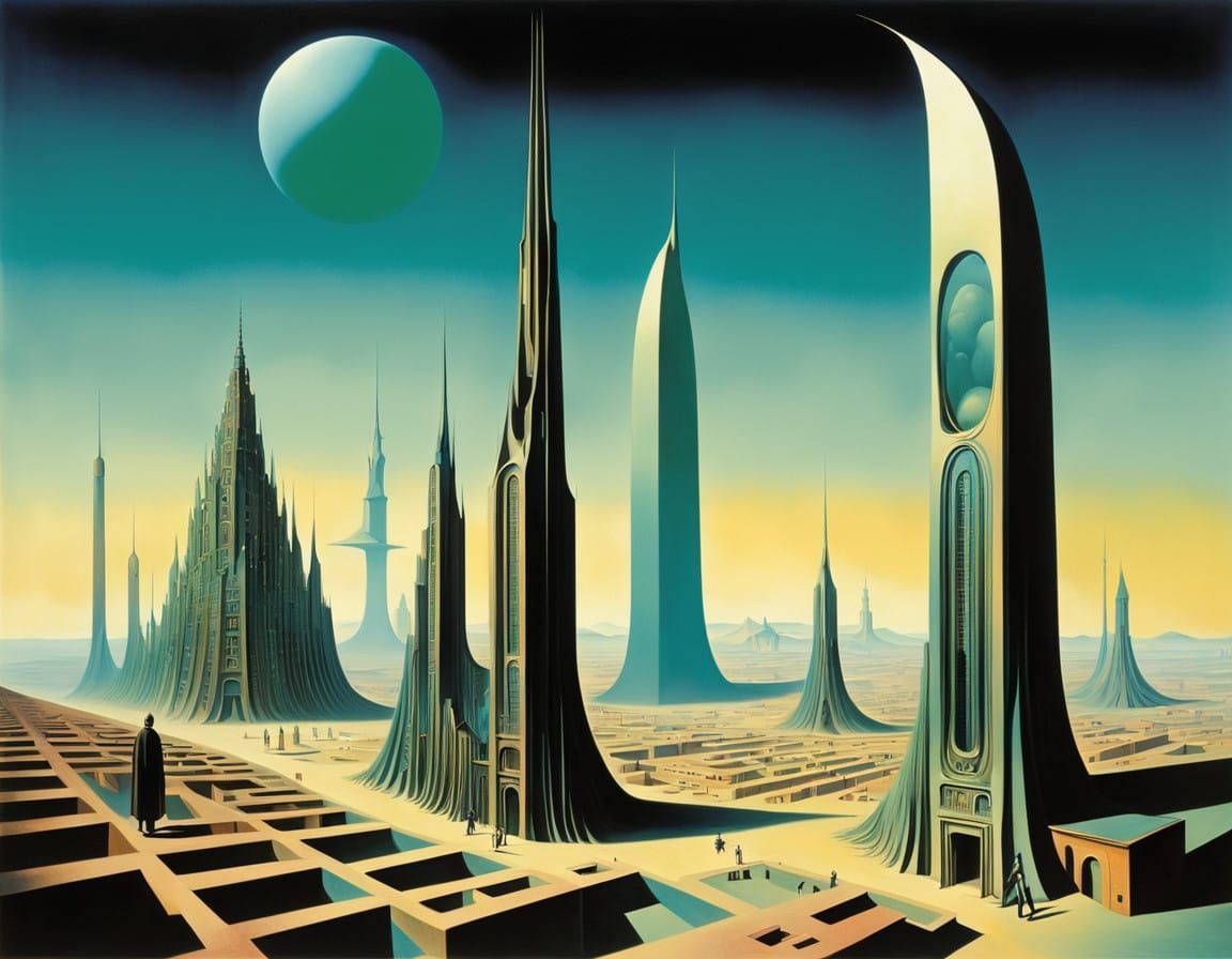 Twisted Alien Metropolis in Vibrant, Dreamlike Hues